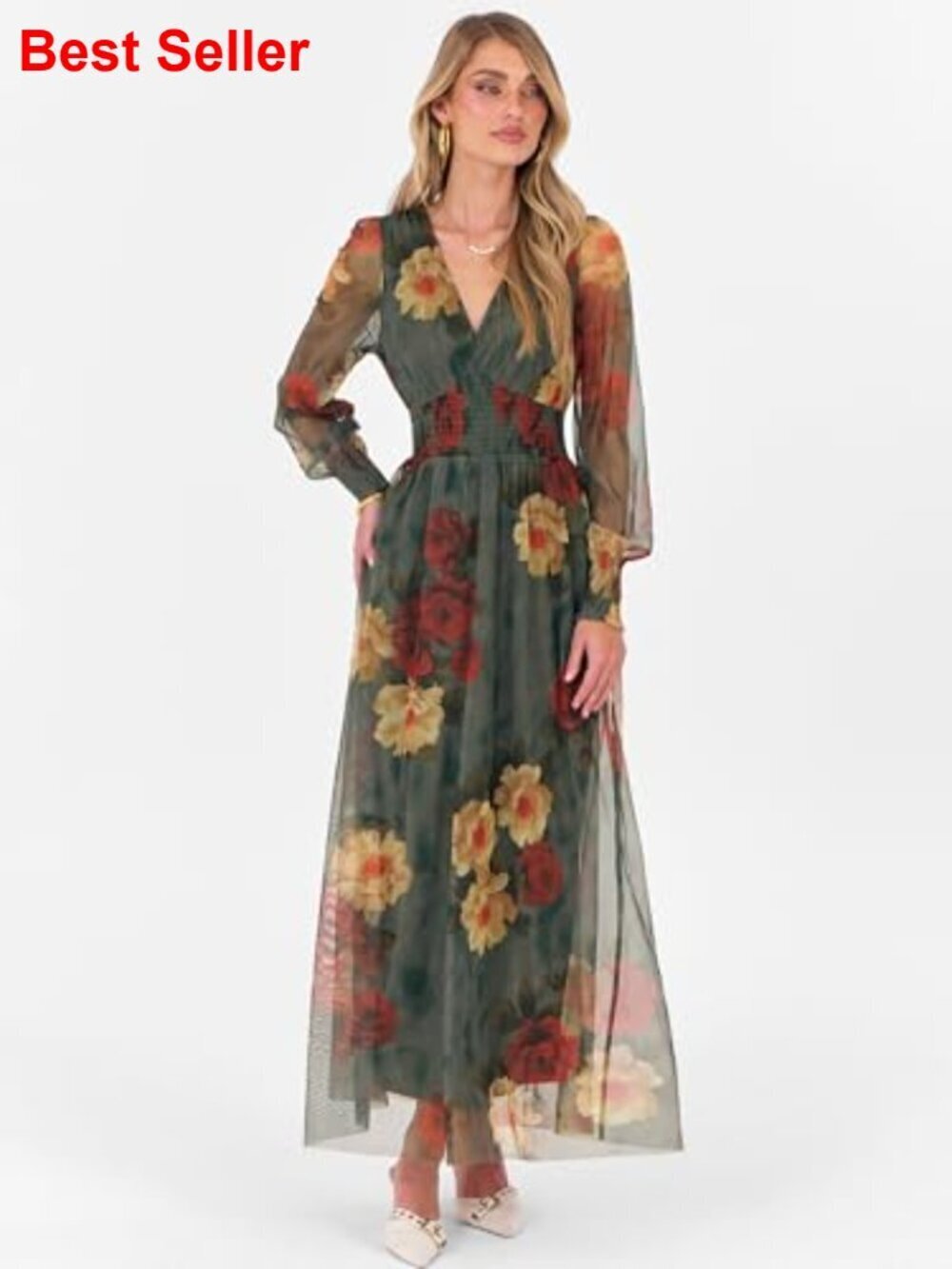 Floral Maxi Dress with Puff Sleeves, V-Neck, 100% Polyester - Picture 4 of 7